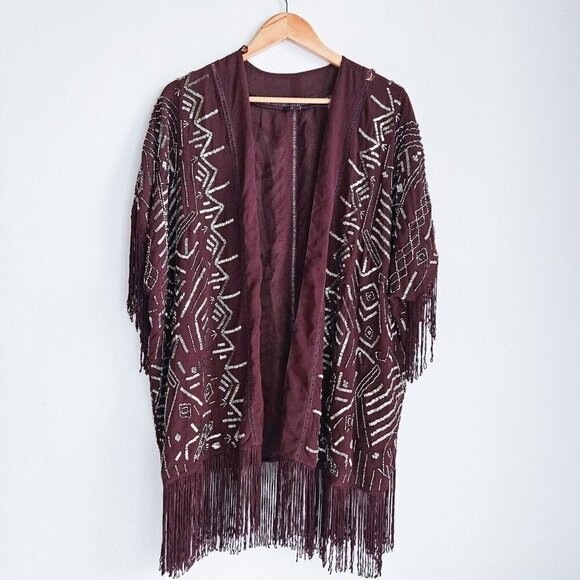 Willow  Clay Burgundy Beaded Fringe Detail Sheer Jacket S - Picture 6 of 12